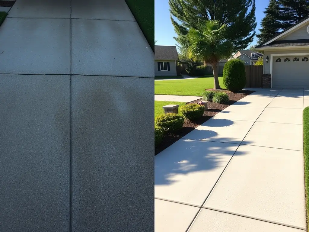 A driveway in Brandon, Florida, before and after a concrete cleaning service, demonstrating the removal of stains and dirt.
